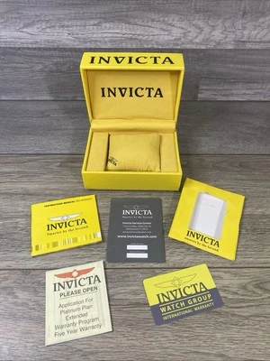 Caja de reloj vacía Invicta amarilla tapa lisa con papeles y bolsa Foto 1 de 4