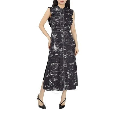 NEW, Burberry Ruffle Detail Landmark Print Silk Dress In Black Size 4 #MD1021 - Image 1 of 4