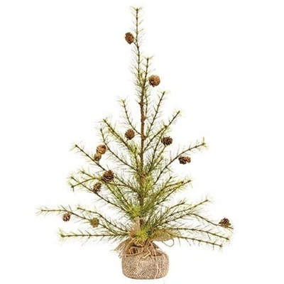 Rustic Christmas PRIMITIVE FEATHERED CYPRESS TREE WITH PINECONES Burlap Base 24" - Image 1 of 2