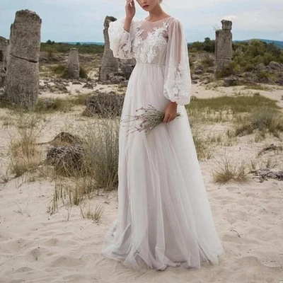 Elegant Round Neck Lace White Wedding DressesWomen with Long Sleeves - Image 1 of 4