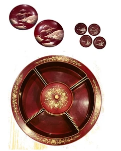 VINTAGE MARUNI LACQUERWARE DIVIDED SERVING TRAY PLUS TWO PLATES & 4 COASTERS HA - Picture 1 of 7