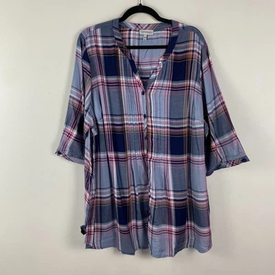 Camisa túnica Catherines Pintuck botones delanteros talla 2XWP azul a cuadros mangas 3/4 Foto 1 de 4