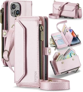 Funda tipo billetera de cuero SiHPuoy para Apple iPhone 15 2 cubiertas para lentes de cámara, oro rosa - Imagen 1 de 9