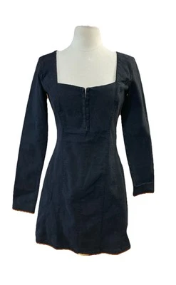 Zara Denim Mini Dress XS New Black Square Neck Long Sleeve Fairy Goth Punk Rock - Image 1 of 4