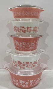 Vintage PYREX Pink Gooseberry Casserole Dish With Lids #471-472-473-474-475 Set - Picture 1 of 19