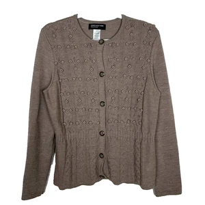 Jones New York Womens Sz M taupe wool cardigan bobbles Cottagecore peplum - Picture 1 of 8