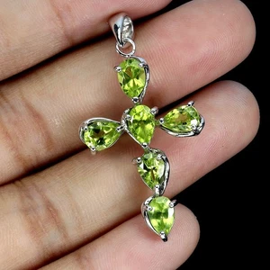 925 Sterling Silver Pendant Pear Peridot 6x4mm Cross Natural Gemstone Jewelry - Picture 1 of 14