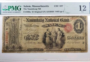 1865 $1 National Currency Salem, MA PMG Fine 12 Net Ch#647 Repaired - Picture 1 of 6