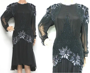 VTG 80'S GLAMOROUS DECO STYLE BLACK & SILVER CHIFFON HIGH LOW FORMAL DRESS - Picture 1 of 7