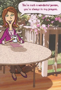 Woman Drinking Coffee at Round Table Feminine Funny Birthday Card for Her - Picture 1 of 2