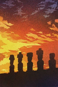 Watercolor painting of Moai statues on Easter Island, Chile painting (print). - Picture 1 of 9