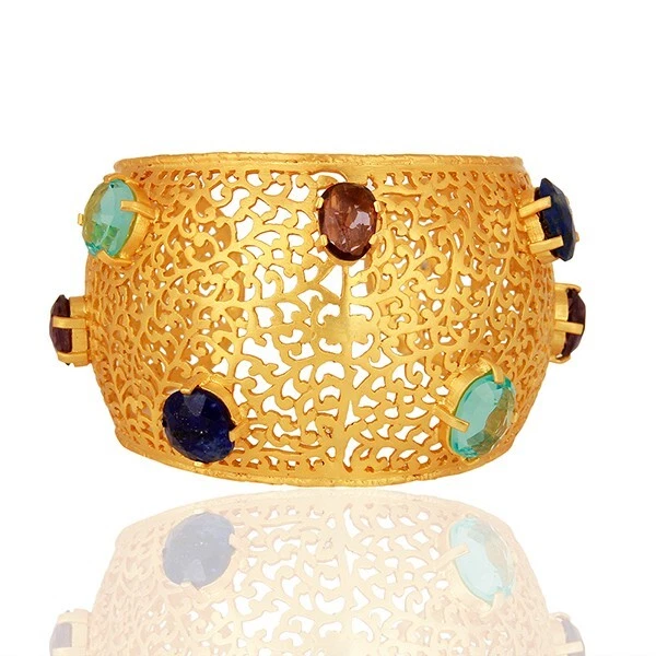 Brazalete brazalete de filigrana ajustable dorado hecho a mano con topacio amatista lapislázuli joyería Foto 1 de 4