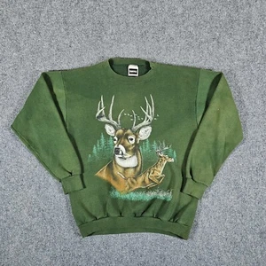 Vintage 90s Tultex Deer Nature Graphic Sweatshirt Forest Green Mens Size L Faded - Picture 1 of 7