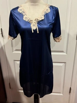 Women Short Sleeve Silky Thin Nightgown Navy Blue Sz M (34"Lx17"W) - Image 1 of 4