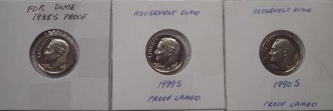 Group of 3 FDR Dimes Proof - Gem - 1988, 1989, 1990 S Cover
