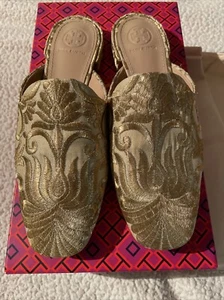 Tory Burch Carlotta Slide Beige/Gold Nayan Brocade Embroidered Mules Size 5 - Picture 1 of 13