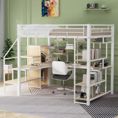 Heavy Duty Metal Loft Bed with Desk Wardrobe & Storage Staircase Full Size Beds - Image 1 of 4