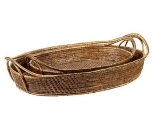 Set of 2 Large Rattan Boat Trays in Antique Brown W46 x D69 x H10 cm - Picture 1 of 4