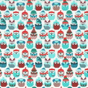 Textiles français Winter Owls fabric - Glacier Blues & Red on White - Picture 1 of 1