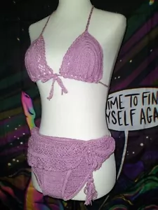 NWOT Anna Kosturova Handmade Purple Cotton Crochet Bikini Set ~ Sz M - Picture 1 of 7