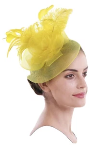 Lucky Leaf Girl Lady Headwear Yellow Mesh With Feathers - Picture 1 of 2
