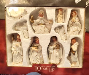 Holiday Time 10 piece Porcelain Nativity Set - White w/ Gold Trim & Accents - Picture 1 of 8