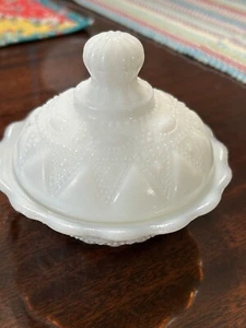 Kemple Milk Glass Covered Candy Nut Dish Raised Lace & Dewdrop Pattern 5.5" T - Picture 1 of 6