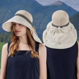 Cappello donna sole pesca berretto estivo outdoor fiocco casual tesa larga collo protezione dolce - Foto 1 di 17