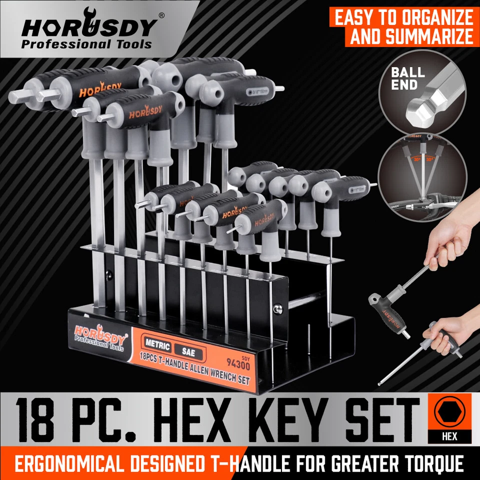 18 Pc SAE & Metric T Handle Allen Wrench Ball End Hex Key Set w/ Storage Stand - Image 1 of 4