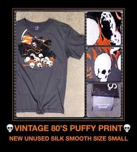 vTg 80s ORIG Halloween grim reaper scary skeleton PUFFY PRINT ON NEW T-Shirt S - Picture 1 of 12