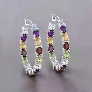 Oval Lab Created Multi Stones Women's Hoop Women's Earring 14K White Gold Plated - Picture 1 of 5