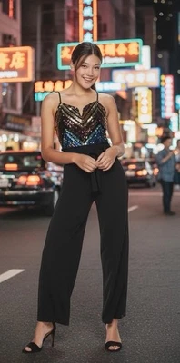 Mono formal cami de lentejuelas casi famoso de una pieza con ribete de encaje negro mediano Foto 1 de 4