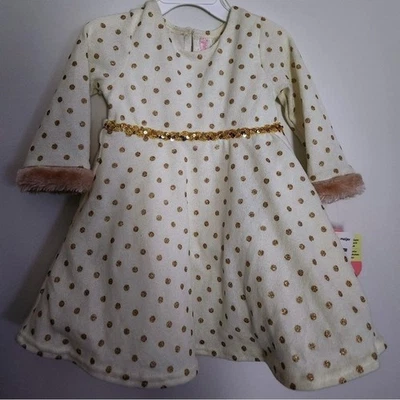 Youngland Girls Dress Cream Gold Polka Dot Sequin Belt Faux Fur Cuff Holiday 2t - Image 1 of 4
