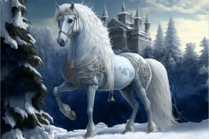 Impresión de póster de pared de caballo de fantasía azul blanco gris arte en lienzo - Imagen 1 de 22