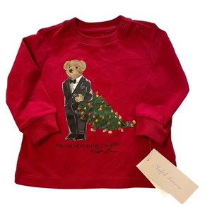 T-shirt Ralph Lauren Polo Bear Natale manica lunga nuova con etichetta 6 mesi - Foto 1 di 7