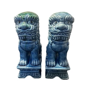 "Par de estatua de leones guardianes de perros foo chinos 7"" azul esmaltado" - Imagen 1 de 6