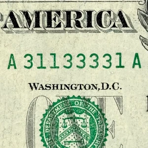 Binary 1s 3s Quad 3s A A Bookends Five of a Kind 3s Dollar Fancy Serial Number - Picture 1 of 6