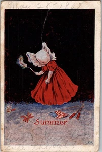 Tarjeta postal patriótica Sunbonnet Girl 4 de julio bandera fuegos artificiales verano Ullman KO2 - Imagen 1 de 2