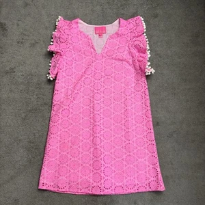 Lilly Pulitzer Astara Kleid Rosa Ösen Rüschen Bommel Flatterärmel Neu ohne Etikett XXS - Bild 1 von 6