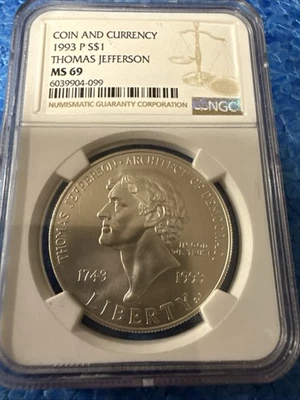 1993 P $1 NGC MS69 THOMAS JEFFERSON COMMEMORATIVE DOLLAR MINT STATE - Image 1 of 2