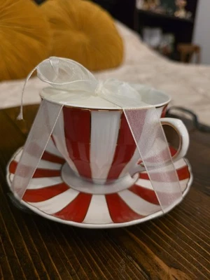 Bella Lux Gilt Tea Cup Saucer Set Red White Stripes, Holiday Collection - Image 1 of 4