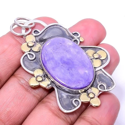 Charoite púrpura - Colgante de plata de ley 925 oxidada de dos tonos Siberia 2,34" P63 Foto 1 de 4