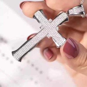 1.70Ct Round Cut Moissanite Men's Cross Religious Pendant 14K White Gold Plated - Picture 1 of 9