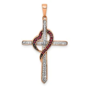 14k Rose Gold Red & White Diamond Cross Heart Pendant - Picture 1 of 4