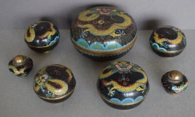 Antique Chinese Cloisonne Enamel Boxes & Salt Cellars Dragon Decor Early 20th C - Image 1 of 4