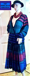 ICONIC 1987 PERRY ELLIS PORTFOLIO Stripe Midi Skirt & Sweater Sz 2 HONG KONG - Picture 1 of 7