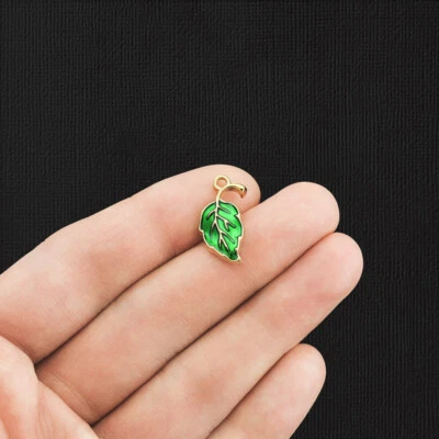 10 Green Leaf Gold Tone Enamel Charms - E1155 - Image 1 of 2