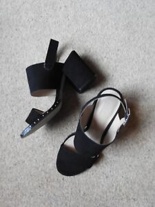 Office (London) Black Suede Slingback Peep Toe Block Heel Shoes Size 4