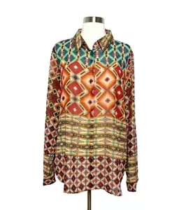 YEST Womens Size 12 Geometric Button Front Shirt Sheer NWT Collared Long Sleeve - Picture 1 of 7