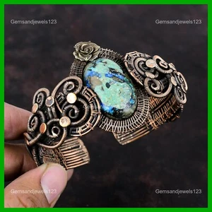 Natural Azurite Malachite New Wire Wrapped Flower Daughter Cuff Bracelet Copper - Picture 1 of 6